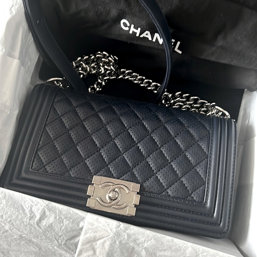 Chanel le boy dark navy with shiny silver hardware, medium size,smooth calfskin